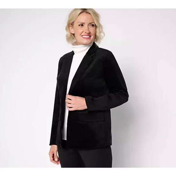Denim & Co Womens Large Regular Stretch Velvet One Button Blazer Black NWOT - Picture 1 of 4